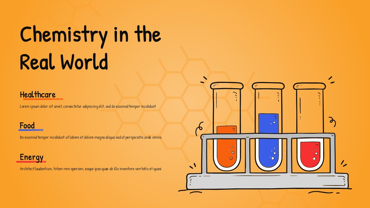 Split layout showing chemistry applications in Healthcare, Food, and Energy with test tube rack illustration