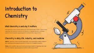 Two-column introduction slide with chemistry content topics on left and detailed microscope illustration on right