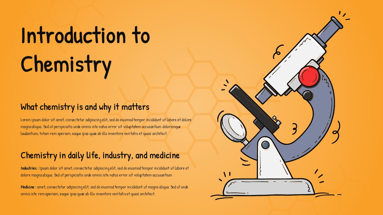 Two-column introduction slide with chemistry content topics on left and detailed microscope illustration on right
