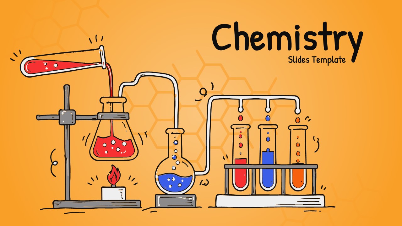 Chemistry presentation cover slide with orange background, hand-drawn lab equipment and hexagonal molecular pattern
