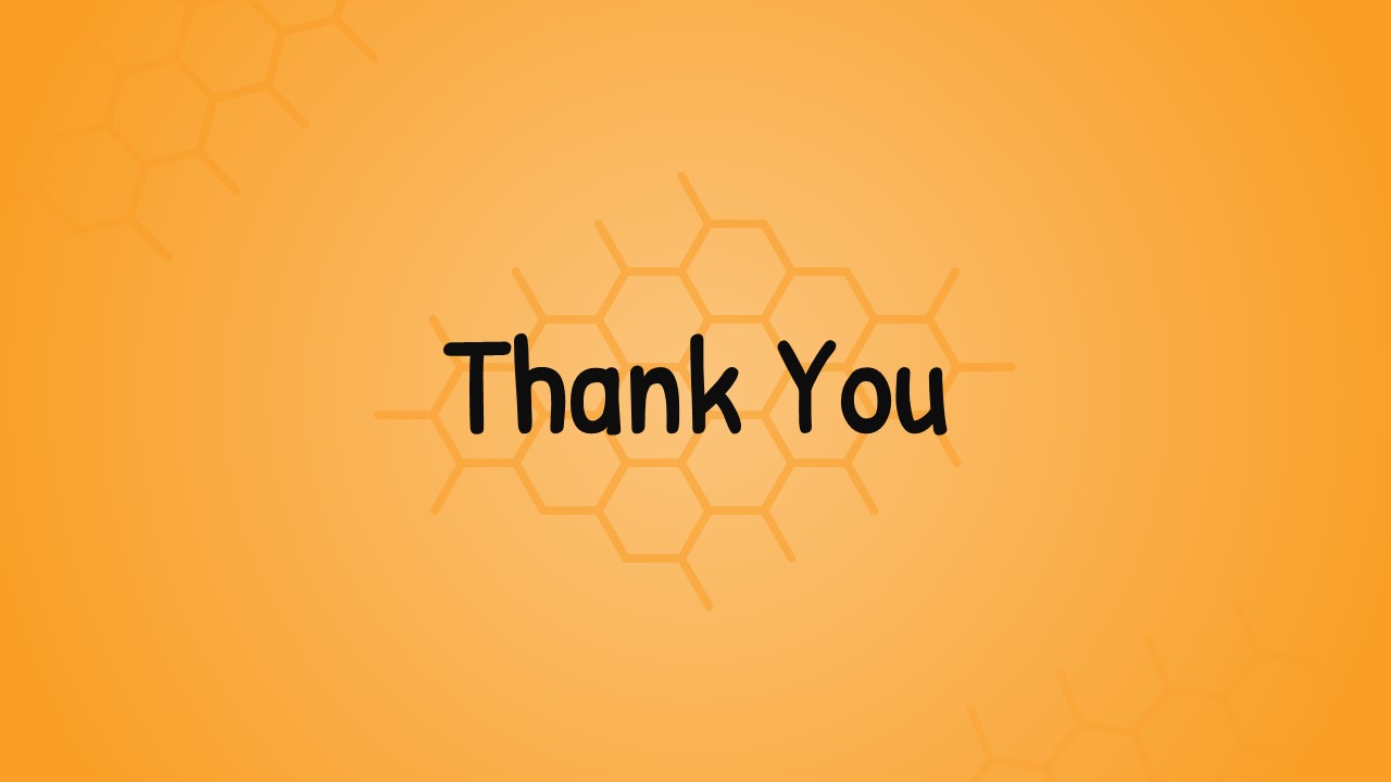 Simple thank you slide with centered text and subtle hexagonal molecular pattern background in orange theme
