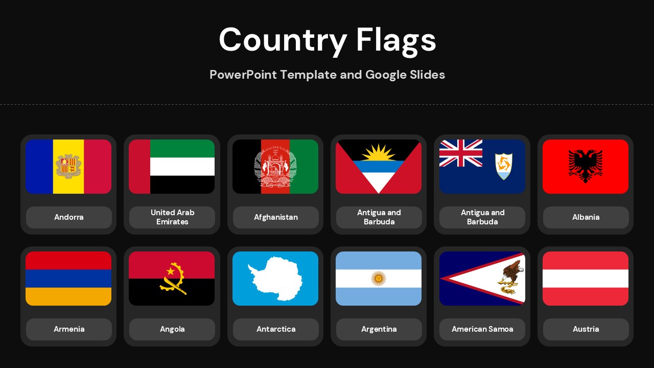 Country Flags PowerPoint template cover with world flags grid layout