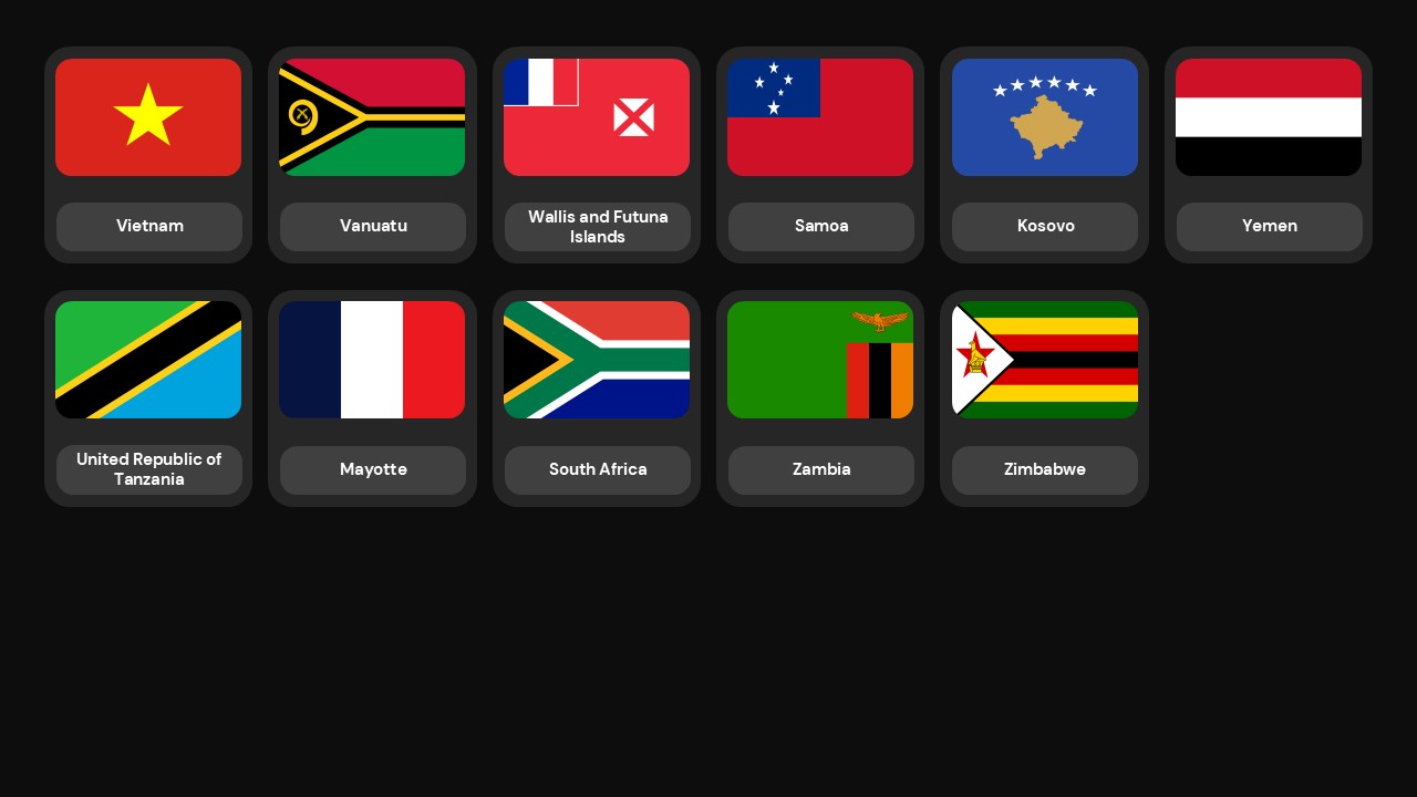 Territorial and dependency flags arranged in organized grid presentation