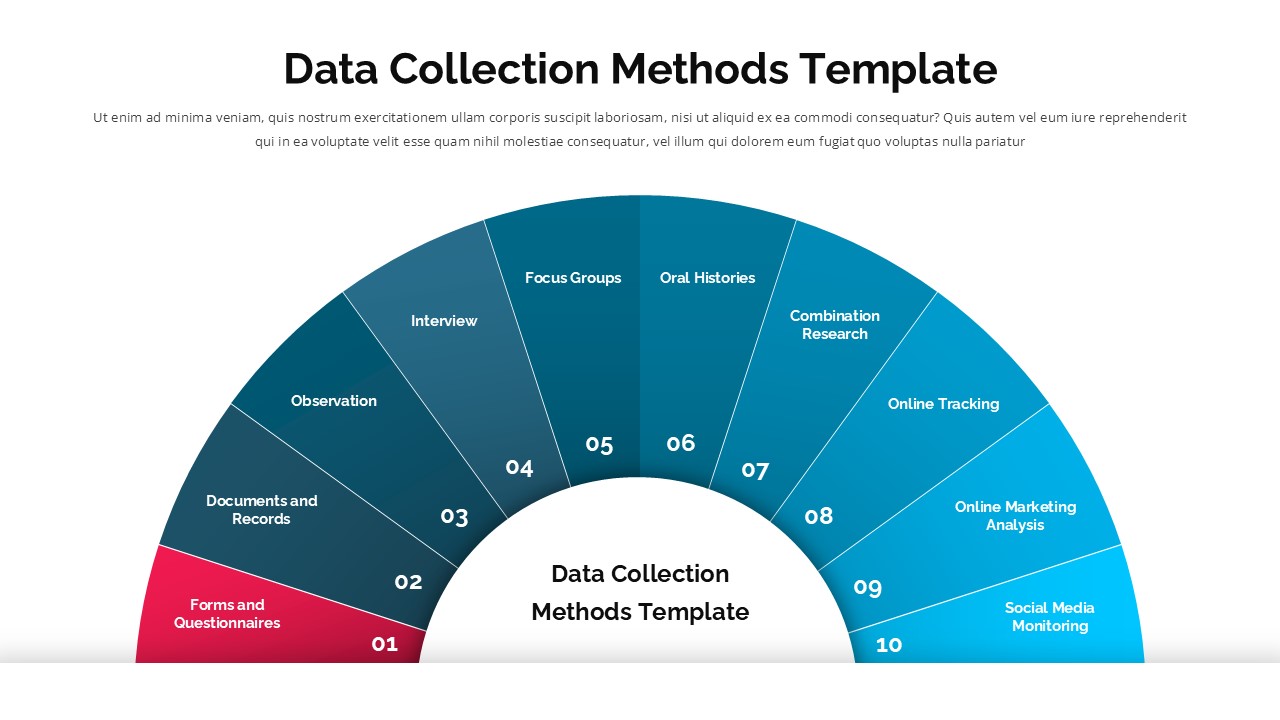 Data Collection Methods slide – semicircular radial chart with 10 segments in teal, cyan, and red on white background