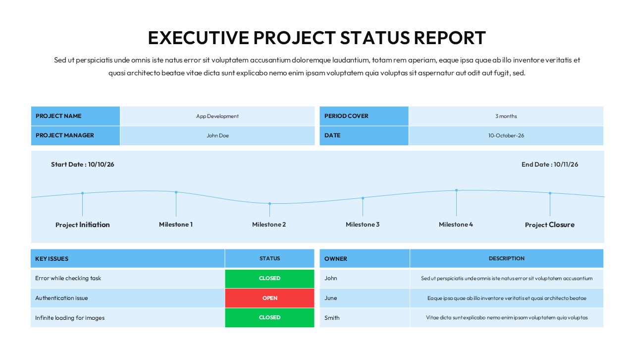 Executive Project Status Report slide - light theme with info grid, milestone timeline, and issue tracker table