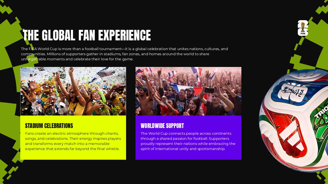 FIFA 2026 global fan experience slide showing celebration crowds and worldwide supporter engagement