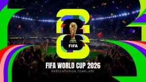 FIFA World Cup 2026 presentation template cover slide with stadium background and colorful geometric overlay design