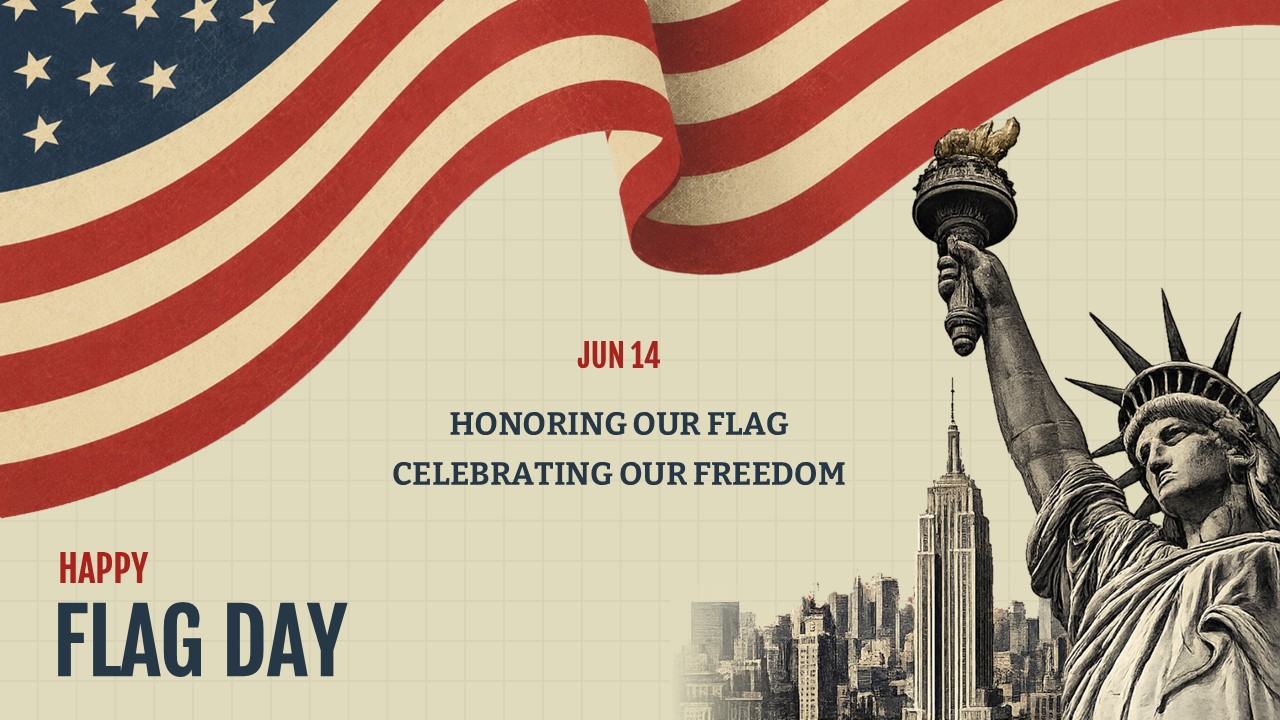 Flag Day PowerPoint template - patriotic design with flowing American flag, Statue of Liberty, red/blue/cream colors