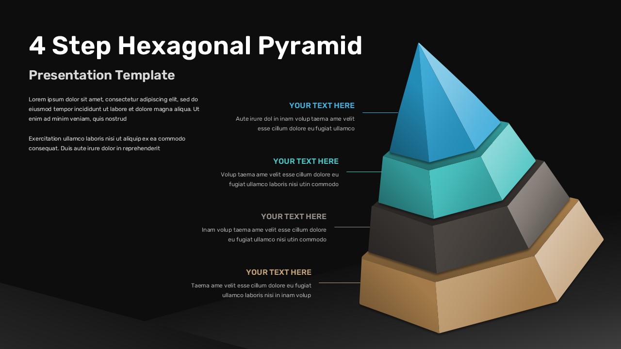 4-step hexagonal pyramid diagram on dark background with text placeholders