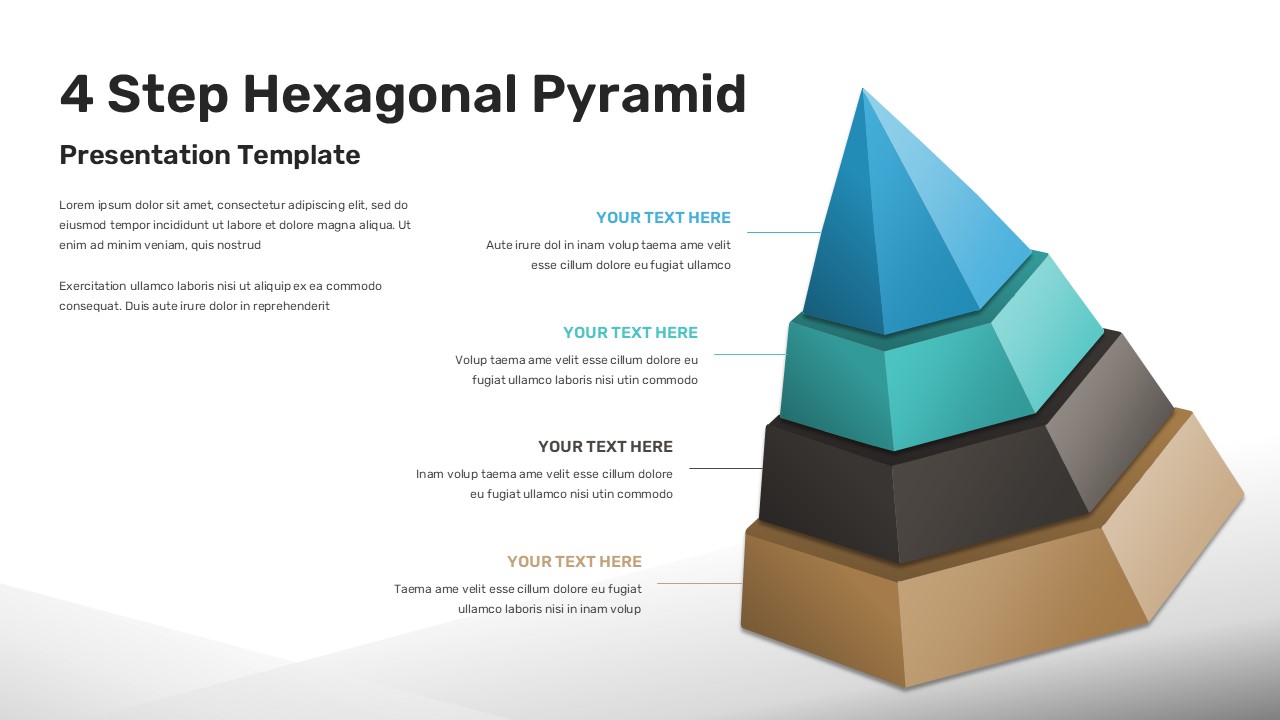 4-step hexagonal pyramid diagram on light background with text placeholders