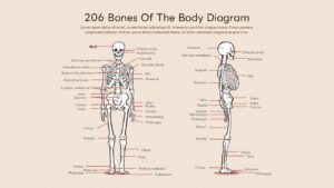 Clean skeletal anatomy diagram template with front and side skeleton views on light background for educational use
