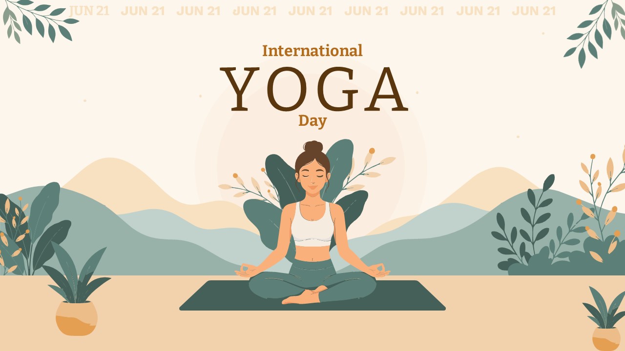 International Yoga Day presentation template with woman meditating, mountains, and plants in calming earth tones