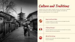 Japan culture slide template with traditional street scene and kimono for PowerPoint presentations
