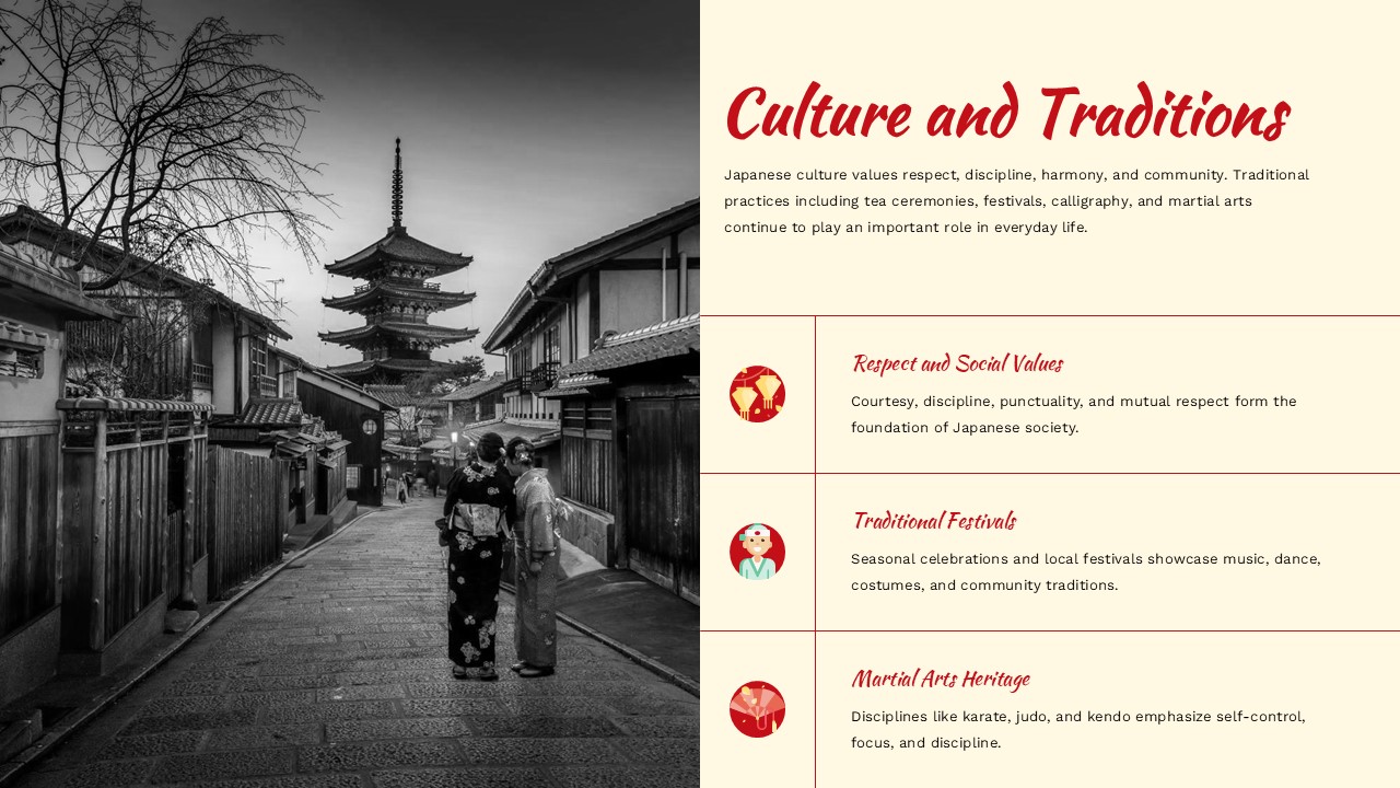 Japan culture slide template with traditional street scene and kimono for PowerPoint presentations