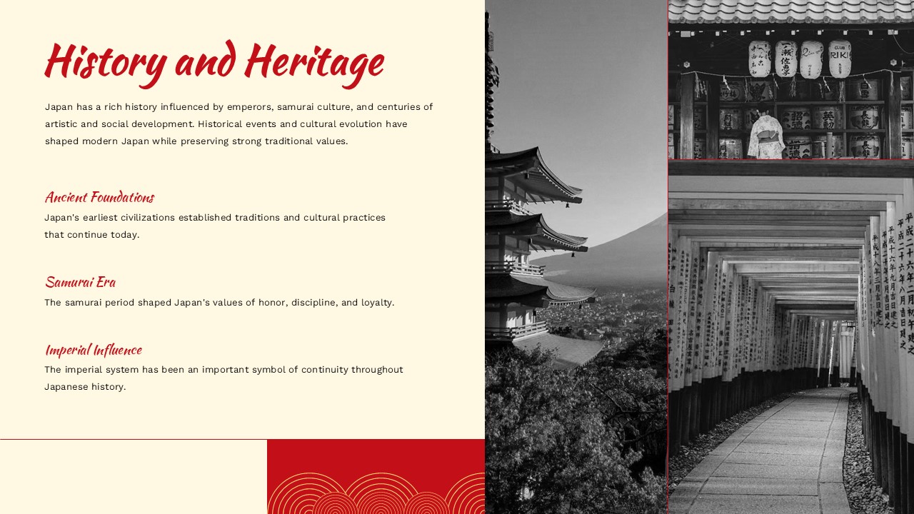 Japan history slide template with pagoda and traditional architecture for PowerPoint presentations