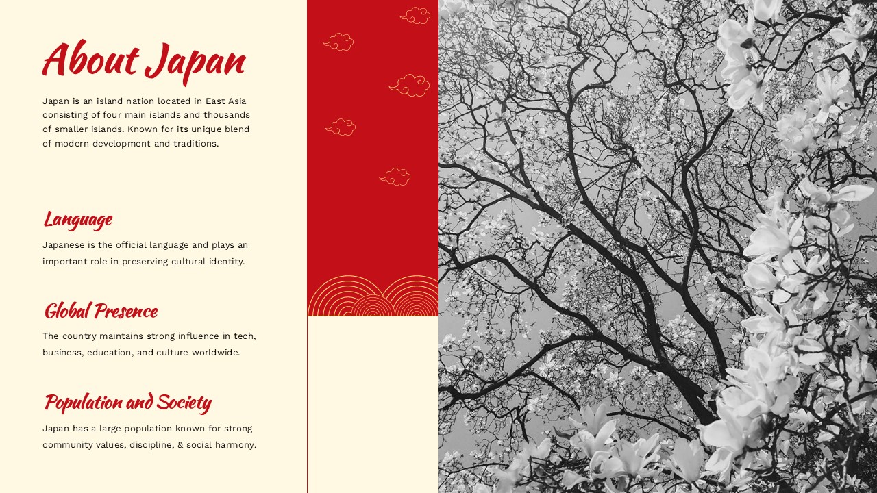 Japan overview slide template with cherry blossoms and cultural facts for PowerPoint presentations