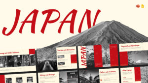 Japan PowerPoint template cover with Mount Fuji and red design for Google Slides presentations