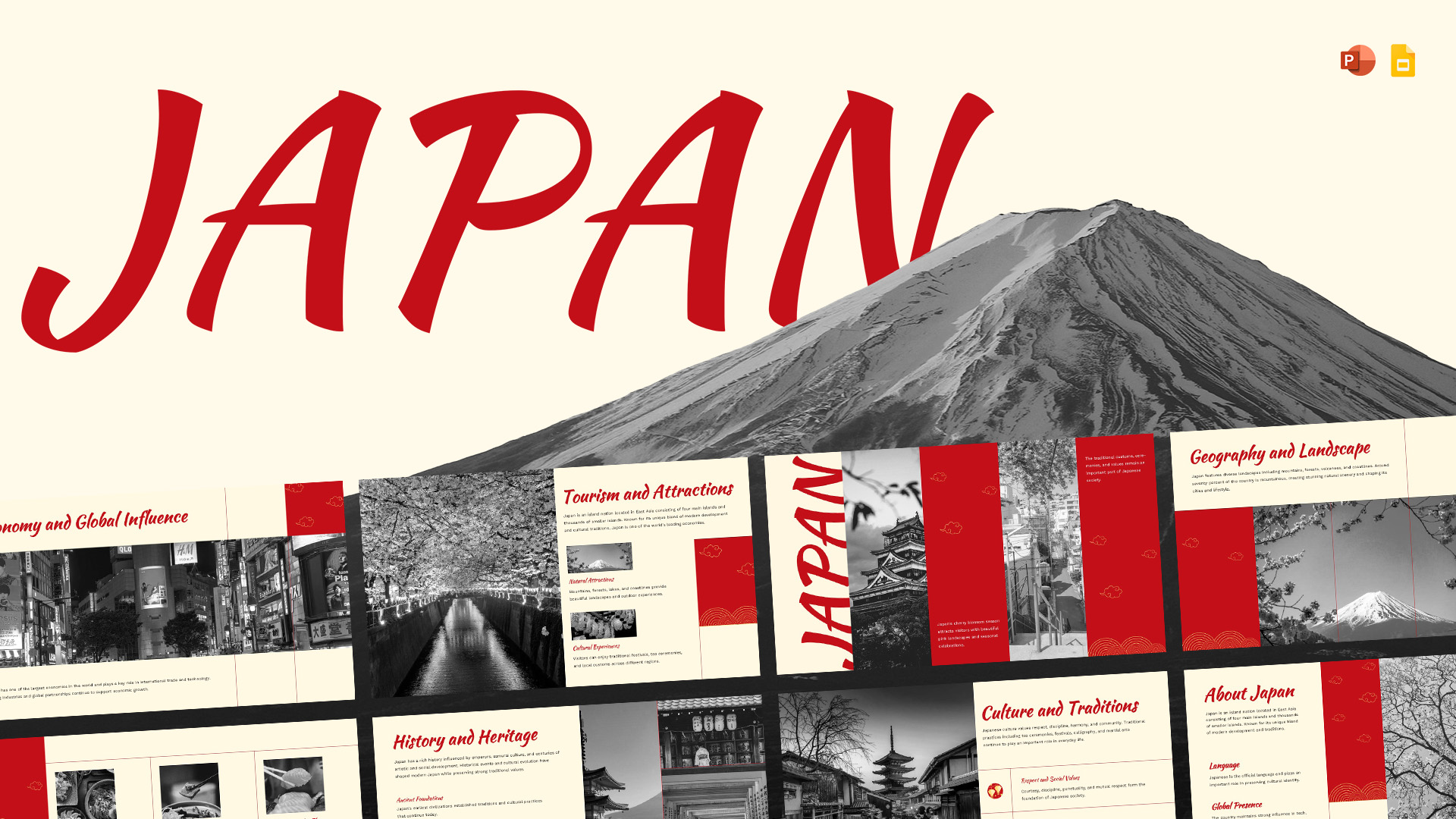 Japan PowerPoint template cover with Mount Fuji and red design for Google Slides presentations