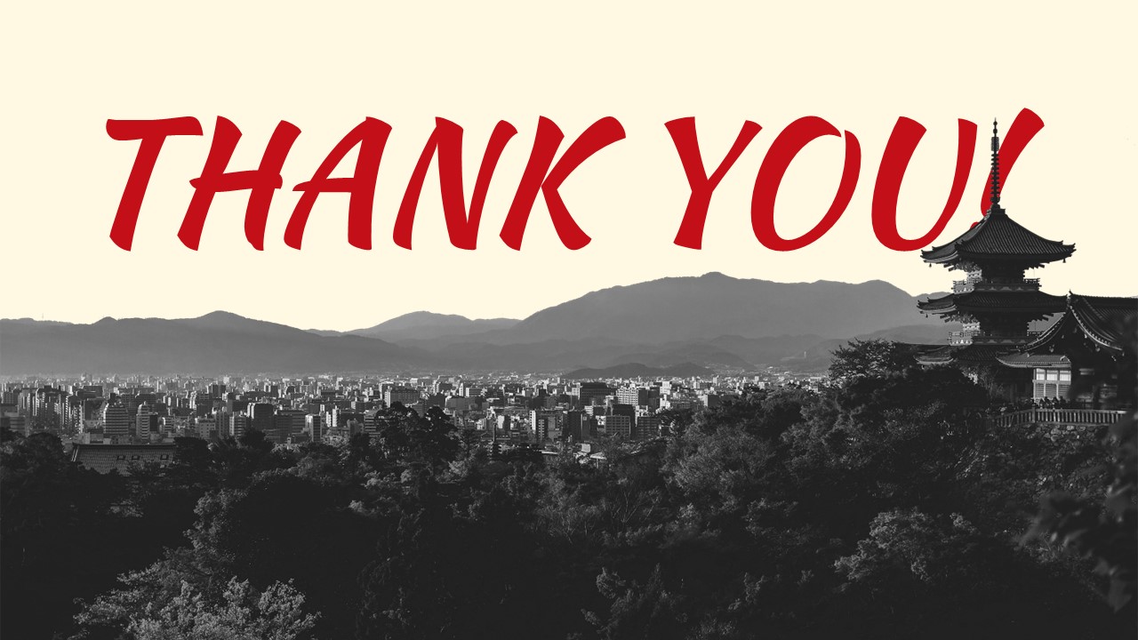 Japan thank you slide template with temple and city view for PowerPoint presentations