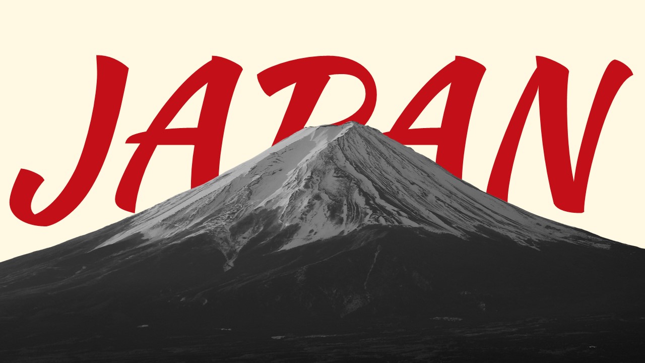 Japan presentation title slide template with Mount Fuji background for PowerPoint and Google Slides