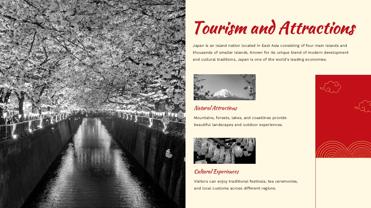 Japan tourism slide template with cherry blossom tunnel for PowerPoint and Google Slides