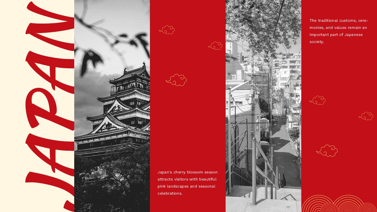 Japan traditions slide template with castle architecture typography for PowerPoint presentations
