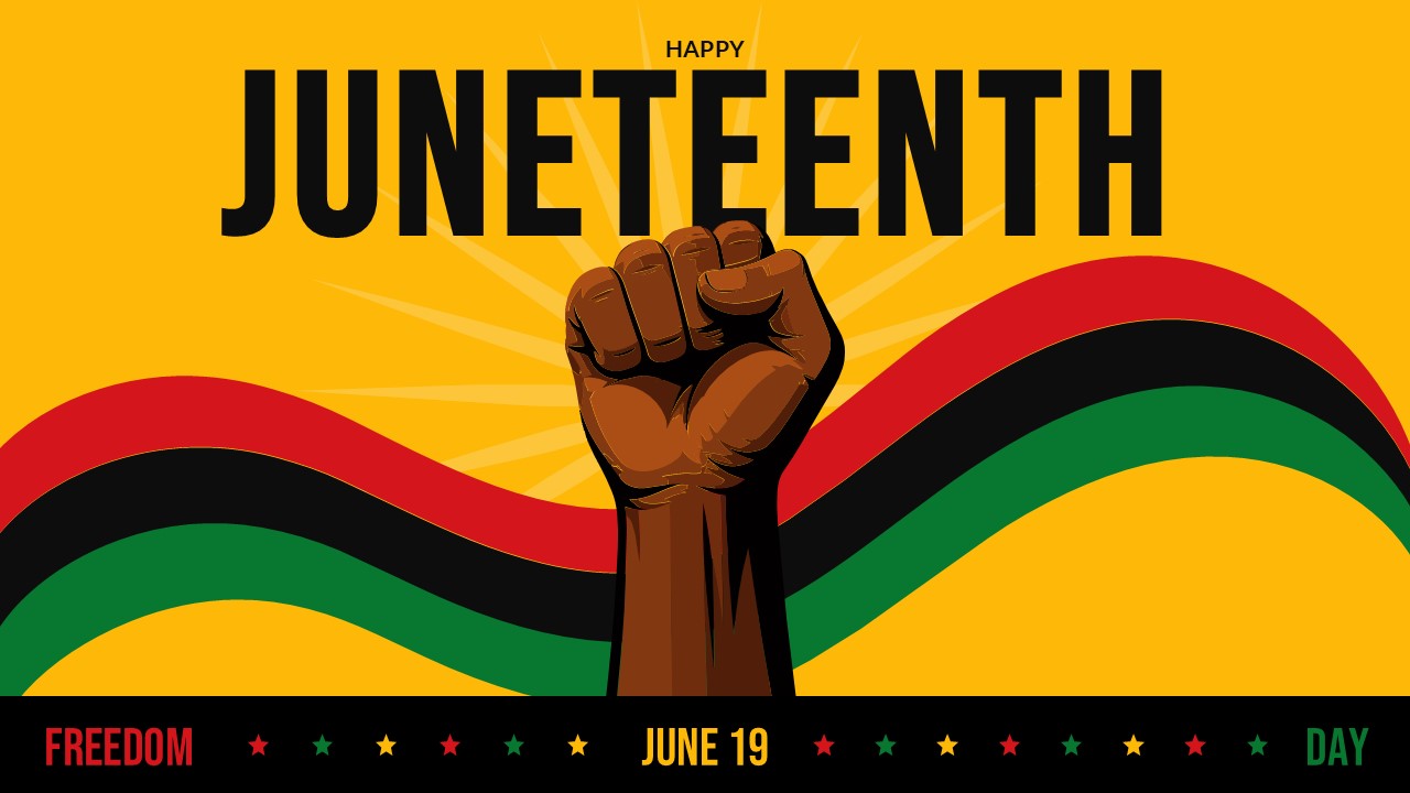 Bold Juneteenth PowerPoint template with raised fist symbol, golden sunburst background, and Pan-African colors