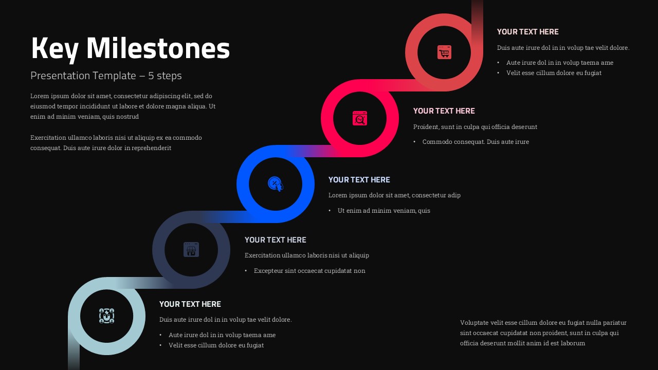 Executive presents quarterly business goals using dark-themed milestone template with glowing 5-step progression path