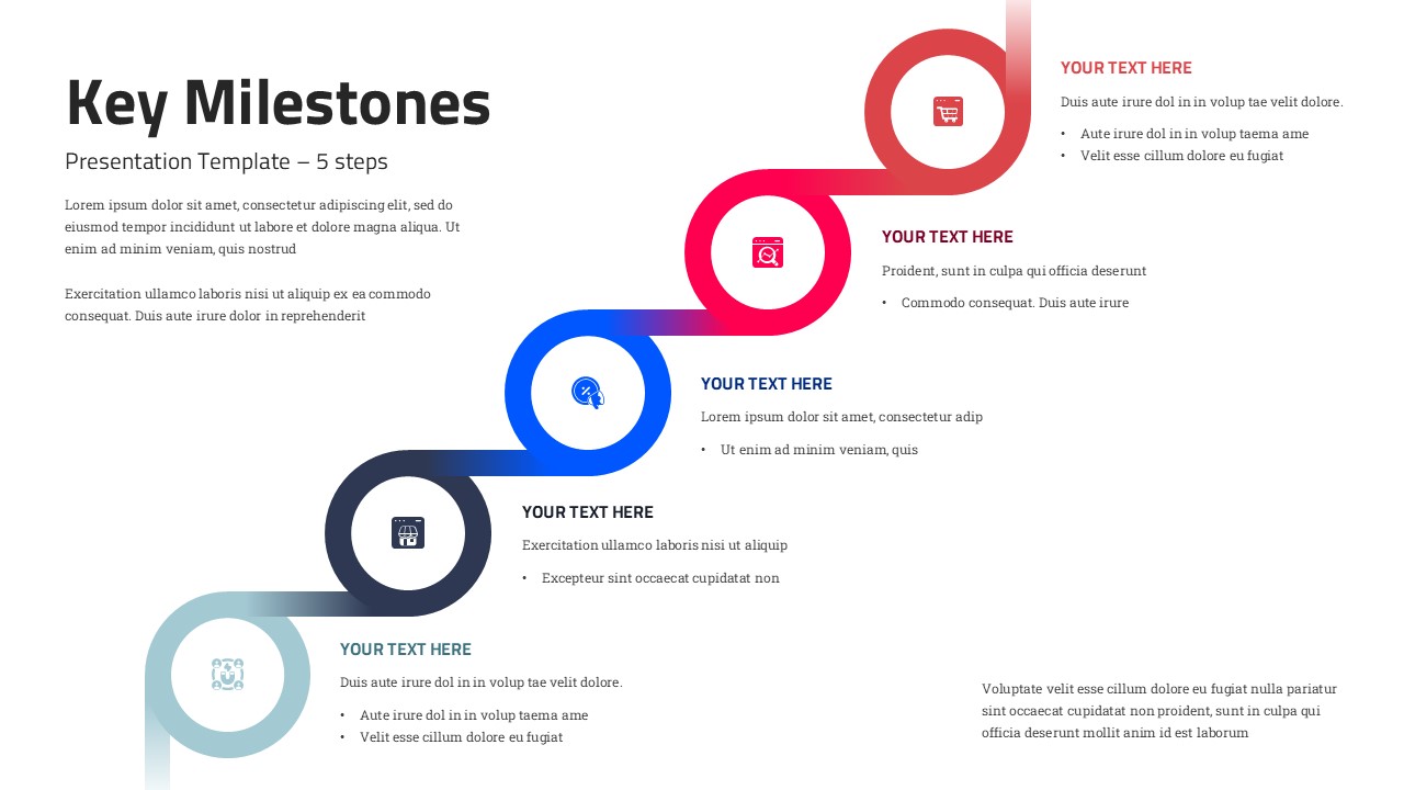 Project manager maps 5-step product launch timeline with colorful milestone pathway on clean presentation slide