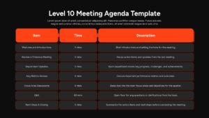 Dark theme Level 10 meeting agenda template with orange accents for professional business presentations