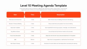 Level 10 meeting agenda PowerPoint template with clean white background and orange headers for business meetings