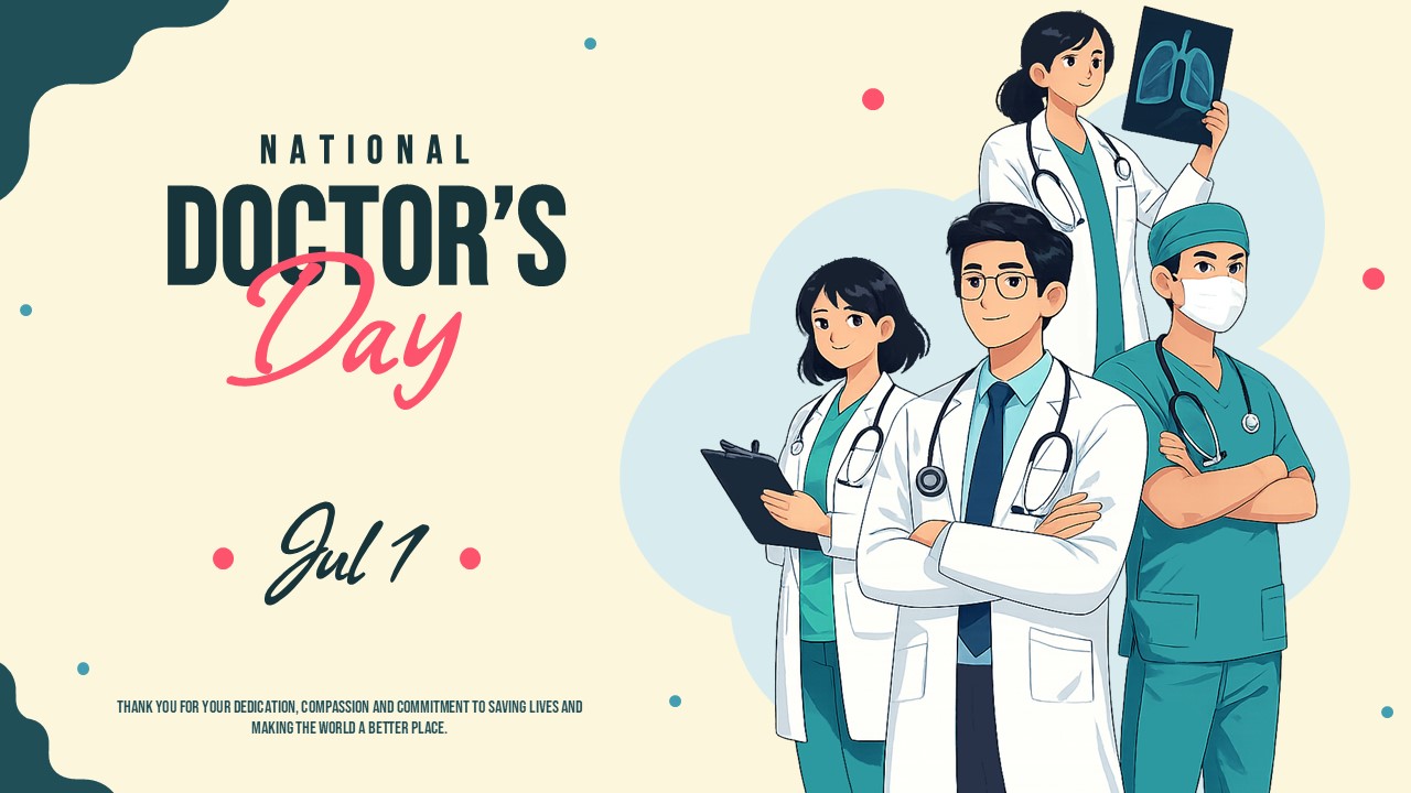 National Doctor's Day slide honoring medical professionals with illustrated doctors, teal and coral accents, and a heartfelt thank-you message.