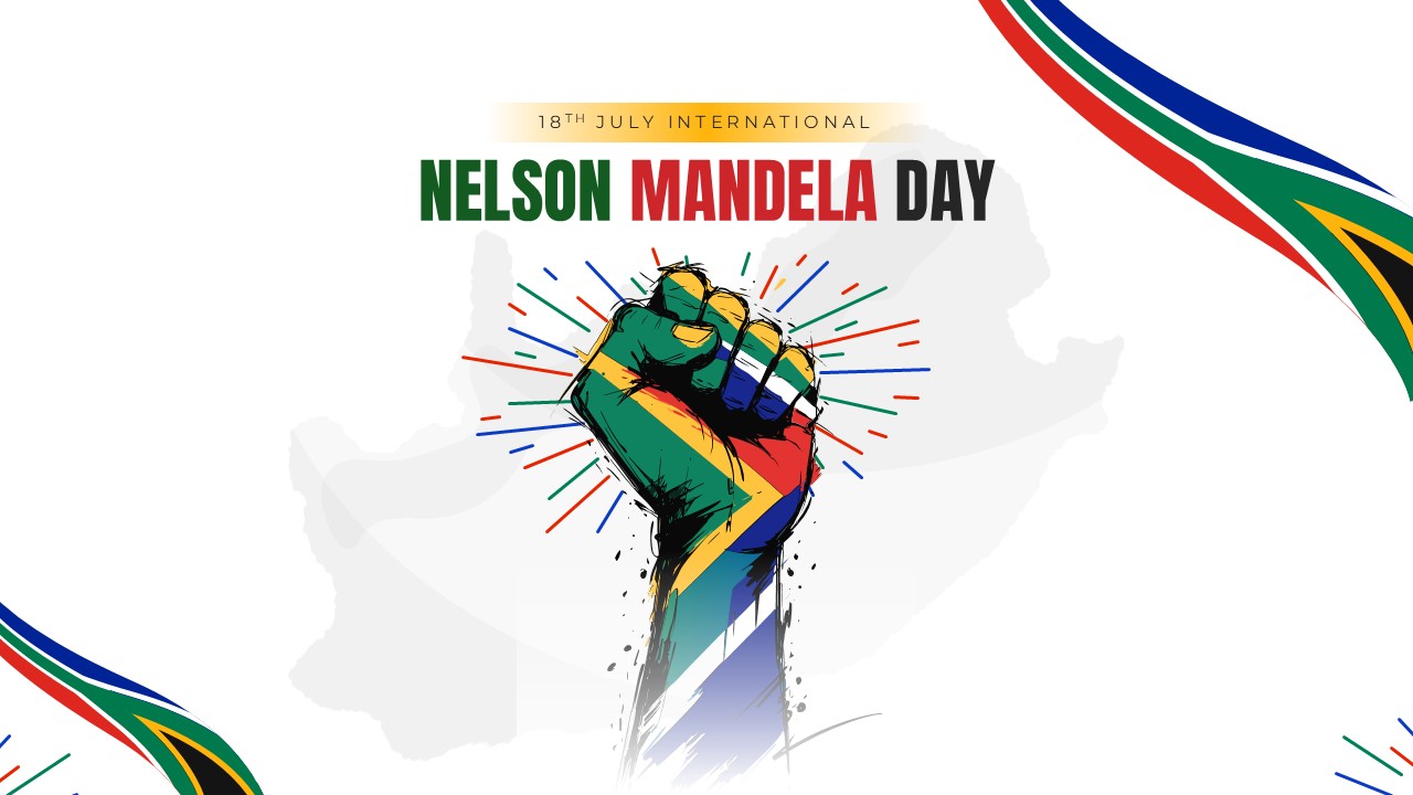 Nelson Mandela Day July 18 slide with raised fist graphic in South African flag colors for commemorative presentations.