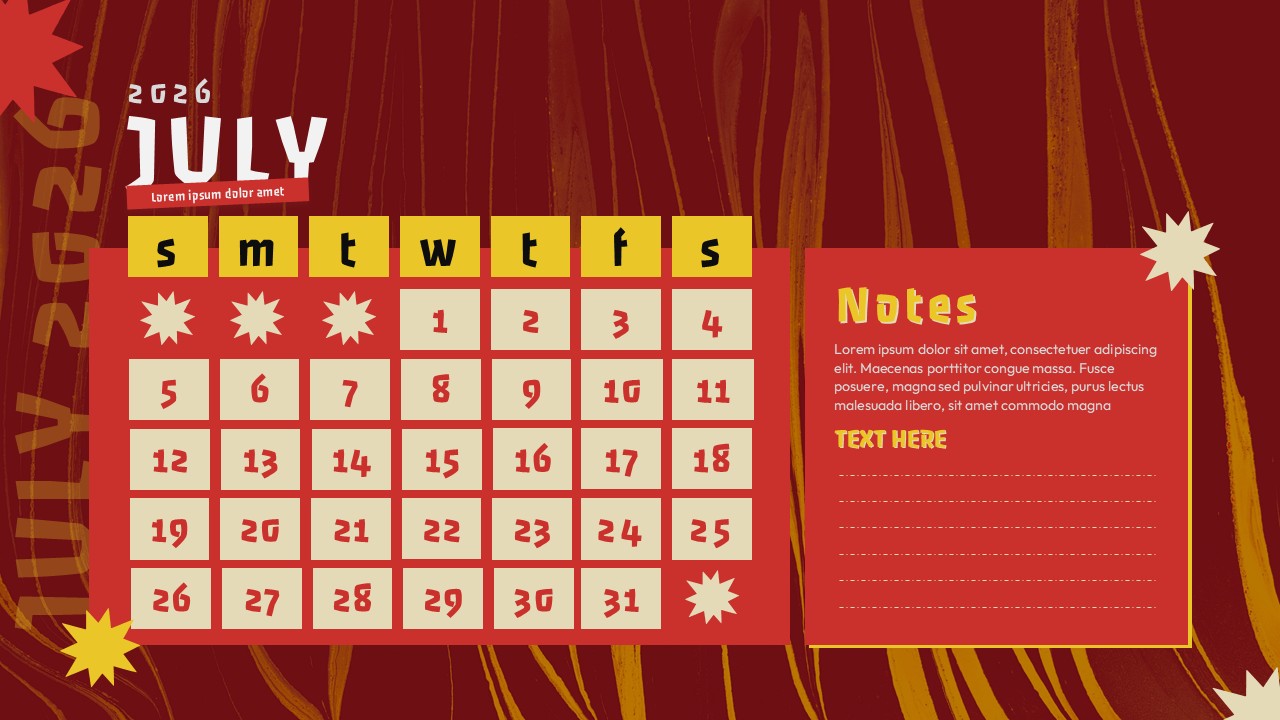 July 2026 calendar template with retro design and notes section