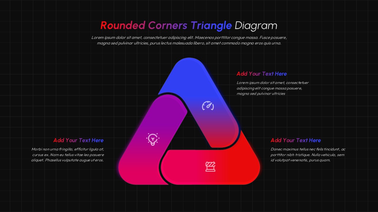 Dark theme rounded corners triangle diagram Google Slides template with gradient triangle and grid background design