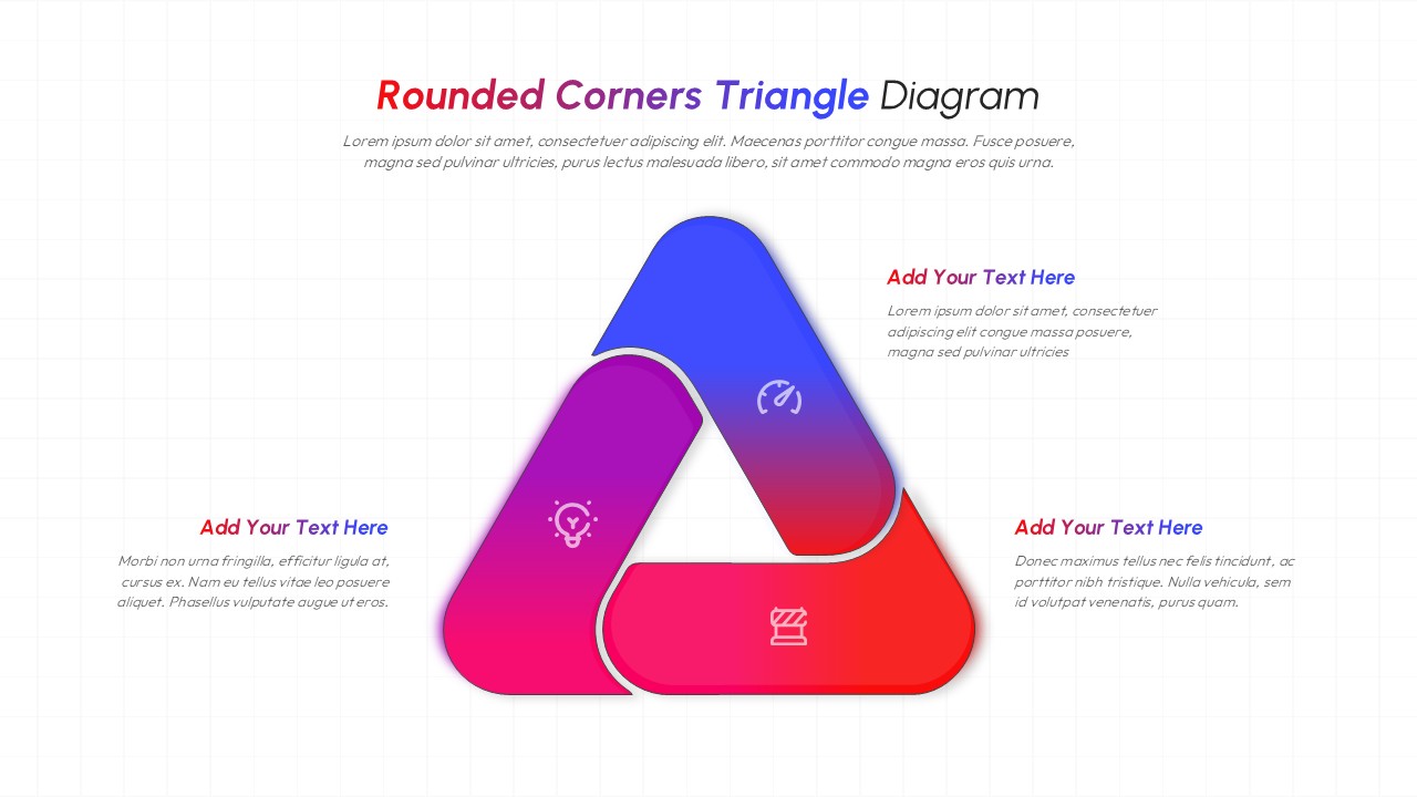 Rounded corners triangle diagram PowerPoint template with three colorful segments and text placeholders on white background