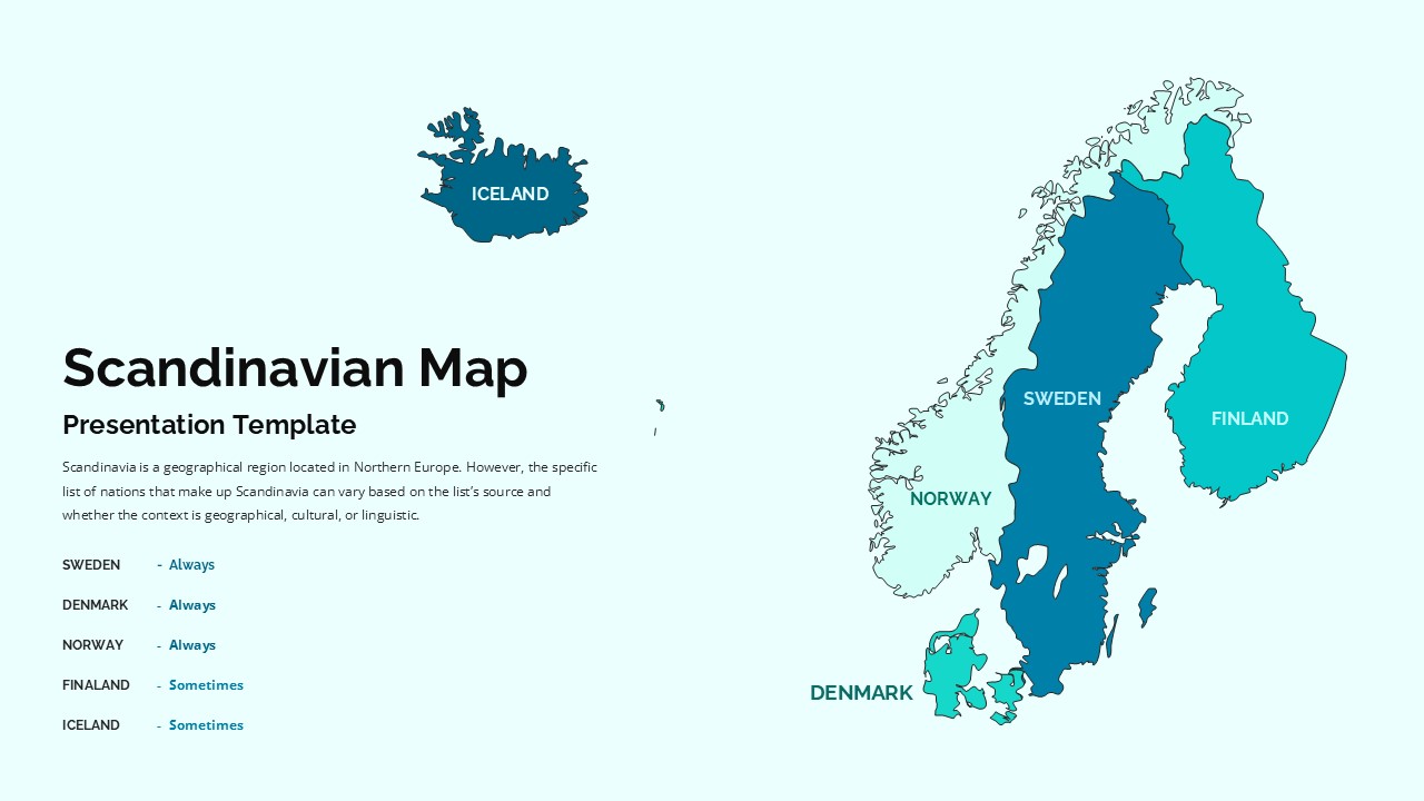 Clean Scandinavian map template clarifying which Nordic countries are always vs sometimes included in the region