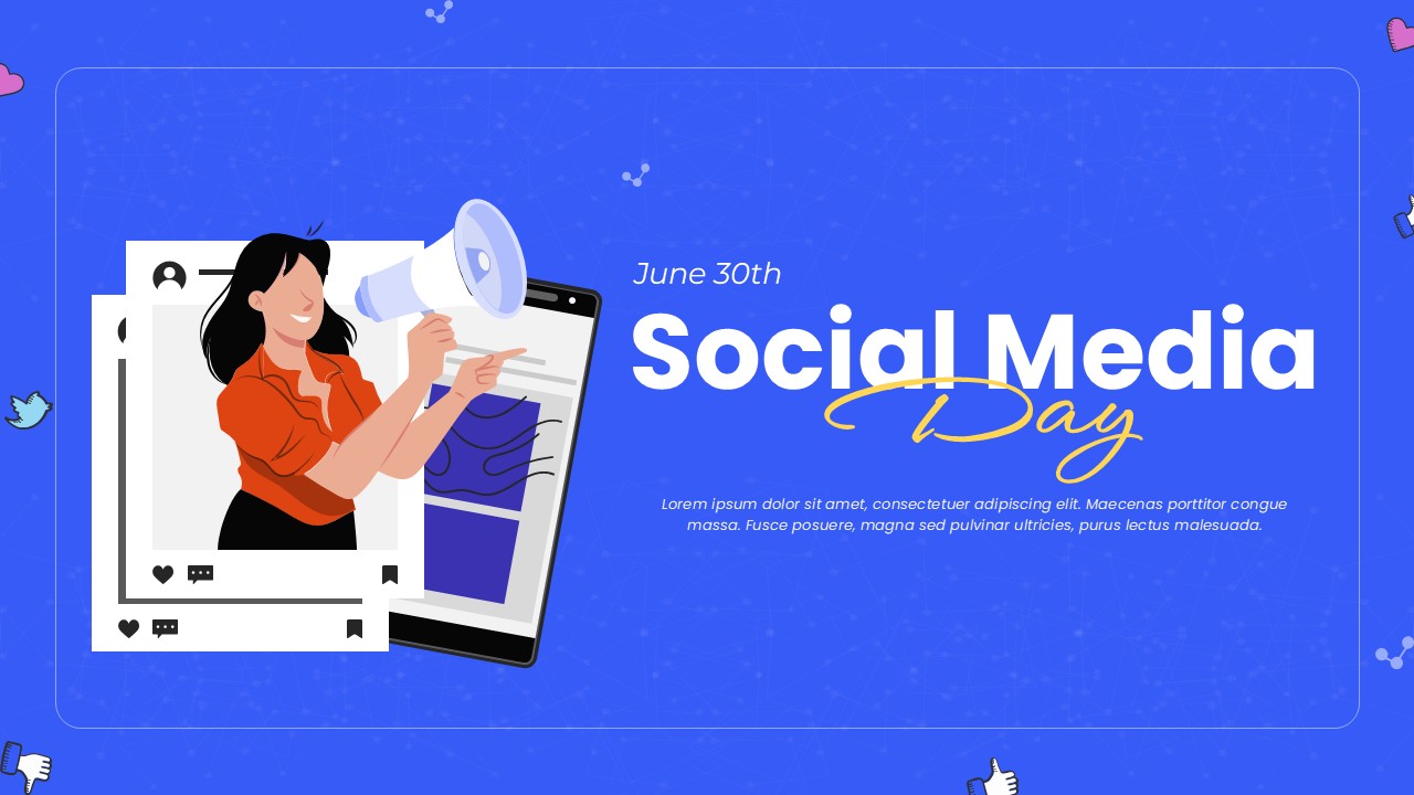 Social Media Day PowerPoint template - blue background, female character with megaphone, bold white and yellow headline