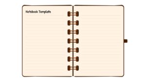 Open spiral notebook template - cream pages, brown spine, ruled lines, title placeholder, white background