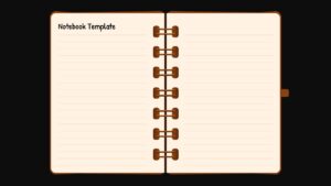 Open spiral notebook template - cream pages, brown spine, ruled lines, title placeholder, black background