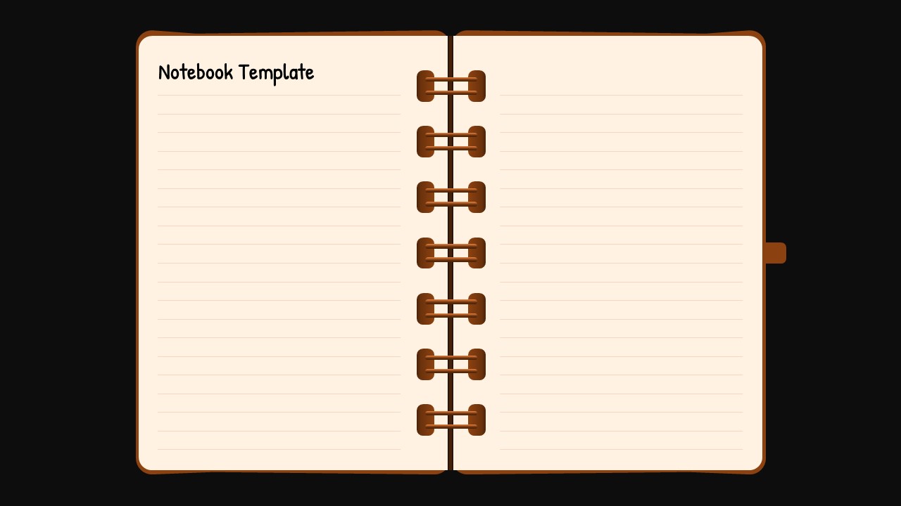 Open spiral notebook template - cream pages, brown spine, ruled lines, title placeholder, black background