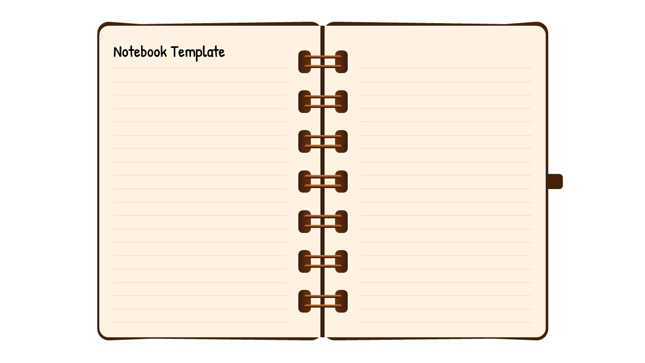 Open spiral notebook template - cream pages, brown spine, ruled lines, title placeholder, white background