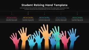 Dark mode student raising hand Google Slides template with vibrant colorful hand silhouettes and 5-point infographic layout