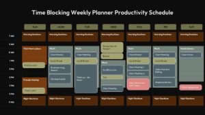 Dark theme weekly time blocking planner with scheduled activities