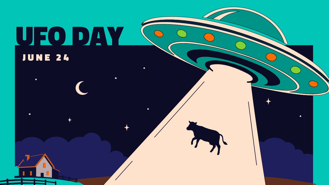 UFO Day PowerPoint template with retro cartoon flying saucer abducting a cow, teal border, and bold 'UFO DAY JUNE 24' title.