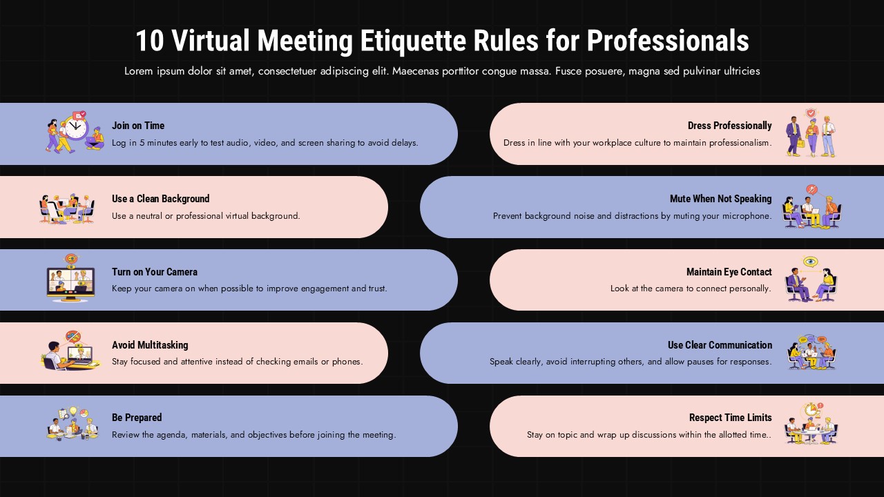 Dark theme version of 10 virtual meeting etiquette rules infographic template