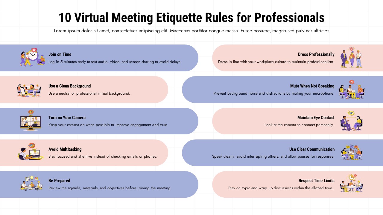 10 virtual meeting etiquette rules infographic with purple bubbles on light background