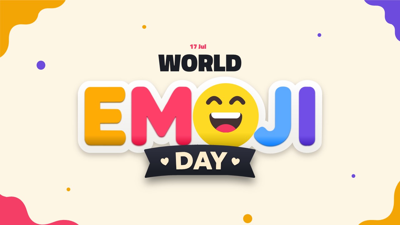 World Emoji Day PowerPoint template with colorful typography, laughing emoji, and July 17 date on cream background