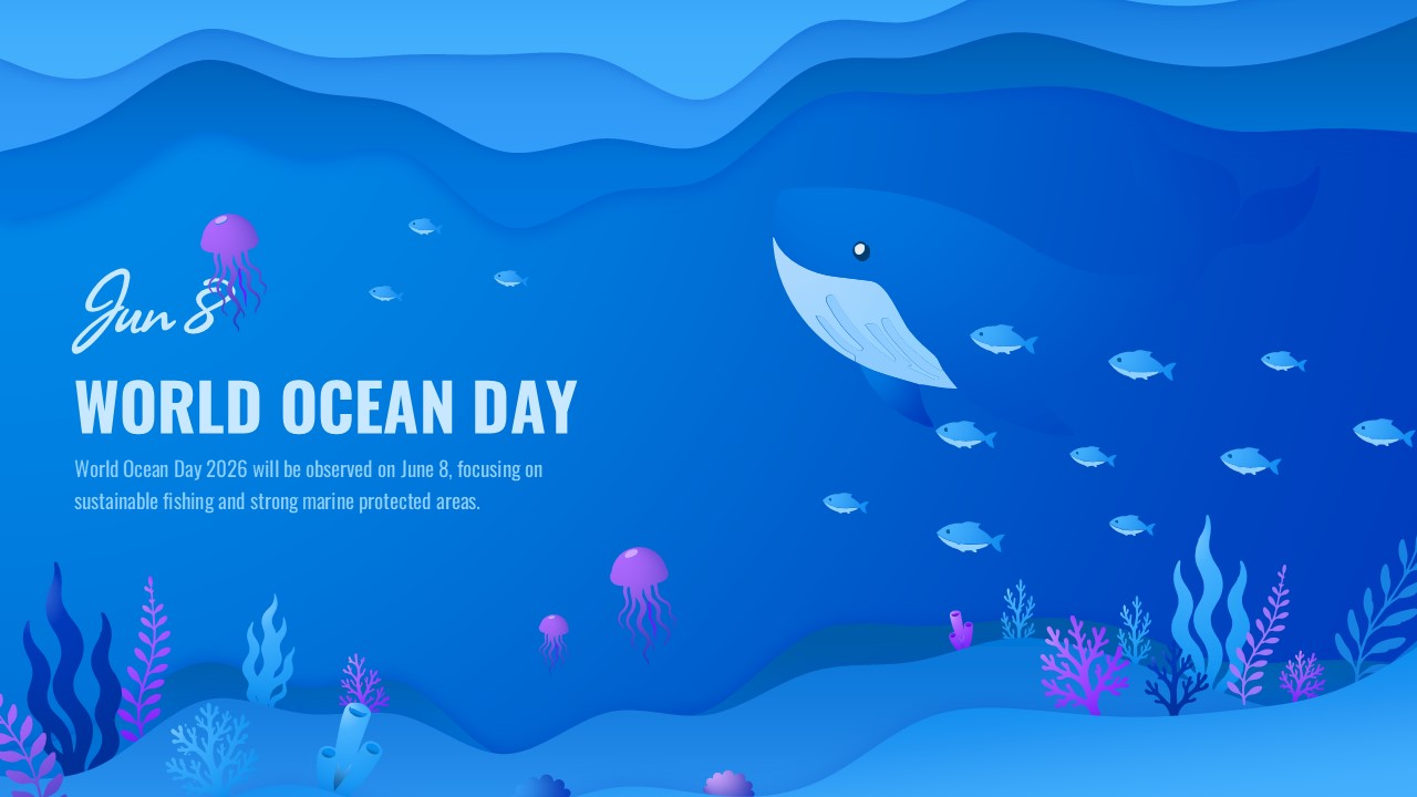 World Ocean Day presentation slide - blue ocean theme with underwater scene, marine life, and Jun 8 event text