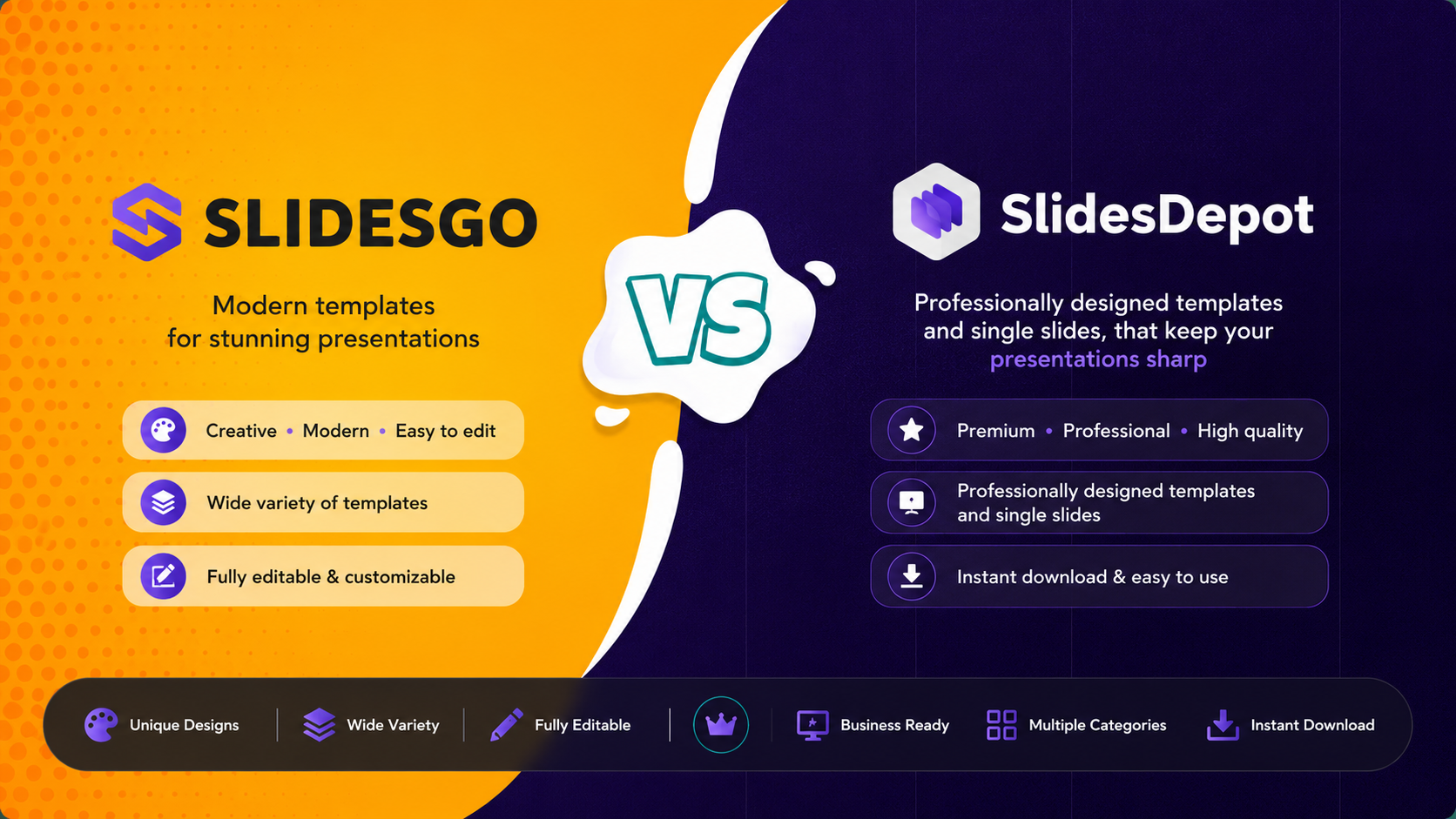 Slidesgo vs SlidesDepot comparison graphic showing Slidesgo’s modern editable templates alongside SlidesDepot’s professionally designed presentation templates and single slides.